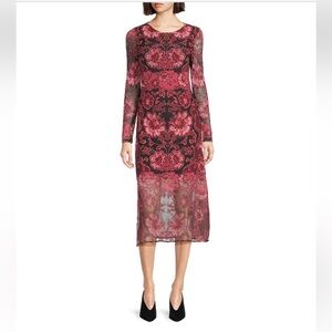 NWT JOHNNY WAS Tulus Floral Print Mesh Knit Round Neck Long Sleeve Midi Dress